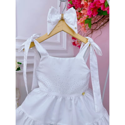 Vestido infantil Branco Strass no Busto e Laço Damas Festas