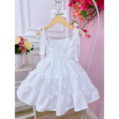Vestido infantil Branco Strass no Busto e Laço Damas Festas
