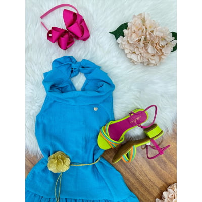 Vestido Infantil Crepinho Azul Cinto de Cordão Casual Festa