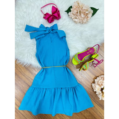 Vestido Infantil Crepinho Azul Cinto de Cordão Casual Festa