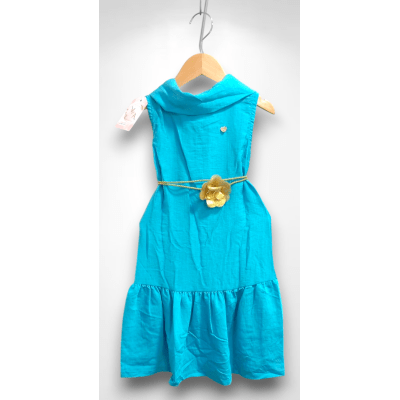 Vestido Infantil Crepinho Azul Cinto de Cordão Casual Festa