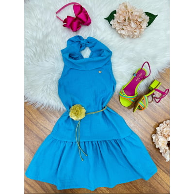 Vestido Infantil Crepinho Azul Cinto de Cordão Casual Festa