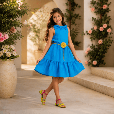 Vestido Infantil Crepinho Azul Cinto de Cordão Casual Festa
