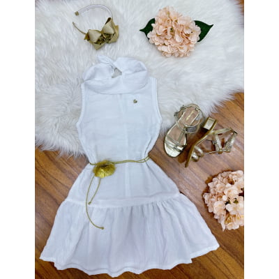 Vestido Infantil Crepinho Branco C/ Cinto de Cordão Casual Festas