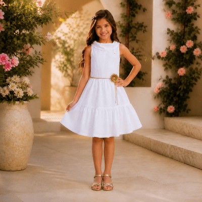 Vestido Infantil Crepinho Branco C/ Cinto de Cordão Casual Festas