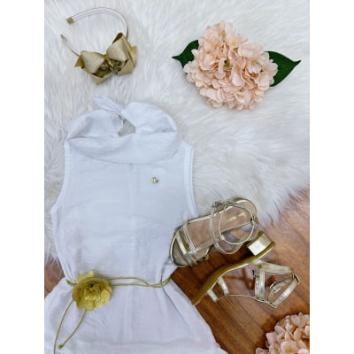 Vestido Infantil Crepinho Branco C/ Cinto de Cordão Casual Festas