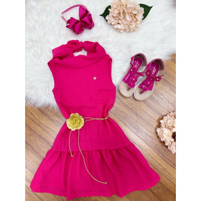 Vestido Infantil Crepinho Pink Com Cinto de Cordão Casual Festas