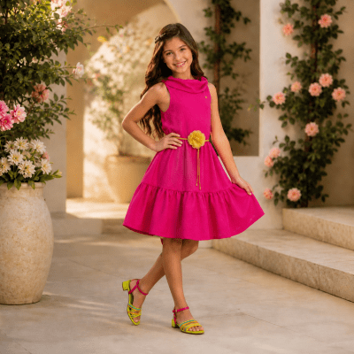 Vestido Infantil Crepinho Pink Com Cinto de Cordão Casual Festas