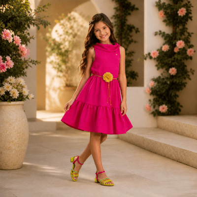 Vestido Infantil Crepinho Pink Com Cinto de Cordão Casual Festas