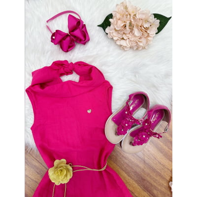 Vestido Infantil Crepinho Pink Com Cinto de Cordão Casual Festas
