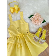 Vestido infantil de Alça Amarelo C/ Apliques de Flores Luxo