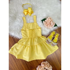 Vestido infantil de Alça Amarelo C/ Apliques de Flores Luxo