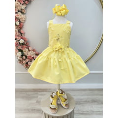 Vestido infantil de Alça Amarelo C/ Apliques de Flores Luxo