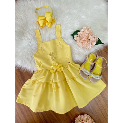 Vestido infantil de Alça Amarelo C/ Apliques de Flores Luxo Casual