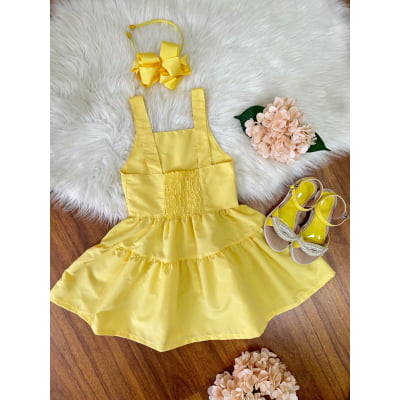 Vestido infantil de Alça Amarelo C/ Apliques de Flores Luxo Casual