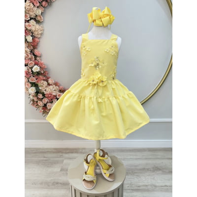 Vestido infantil de Alça Amarelo C/ Apliques de Flores Luxo Casual