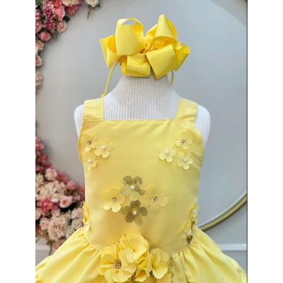 Vestido infantil de Alça Amarelo C/ Apliques de Flores Luxo Casual
