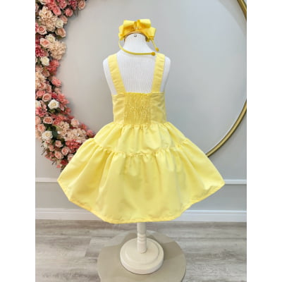 Vestido infantil de Alça Amarelo C/ Apliques de Flores Luxo Casual