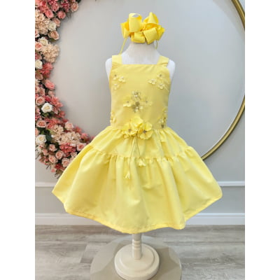 Vestido infantil de Alça Amarelo C/ Apliques de Flores Luxo Casual