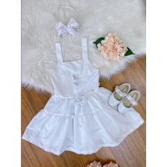 Vestido infantil de Alça Branco C/ Apliques de Flores Luxo