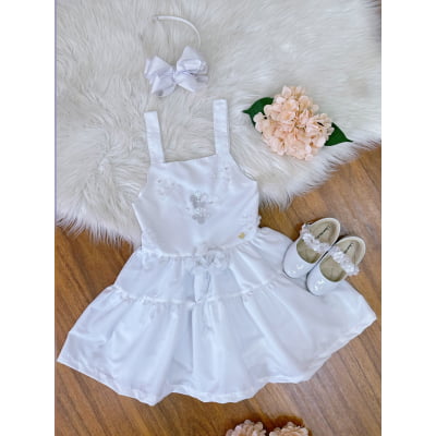 Vestido infantil de Alça Branco C/ Apliques de Flores Luxo Casual