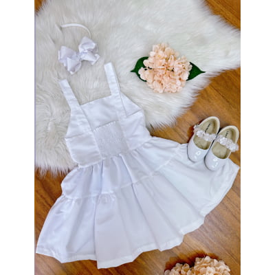 Vestido infantil de Alça Branco C/ Apliques de Flores Luxo Casual