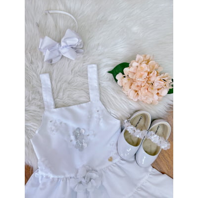 Vestido infantil de Alça Branco C/ Apliques de Flores Luxo Casual