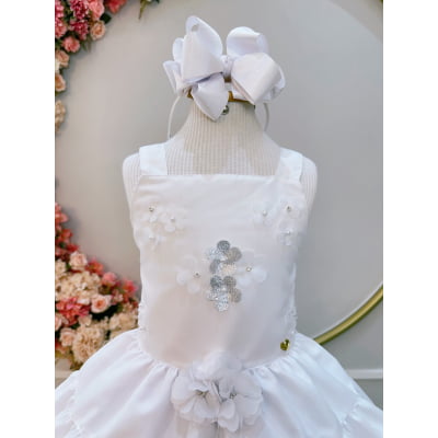 Vestido infantil de Alça Branco C/ Apliques de Flores Luxo Casual