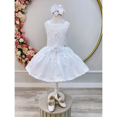 Vestido infantil de Alça Branco C/ Apliques de Flores Luxo Casual