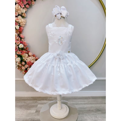 Vestido infantil de Alça Branco C/ Apliques de Flores Luxo Casual