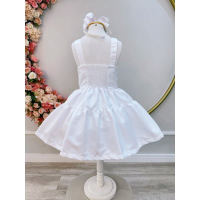 Vestido infantil de Alça Branco C/ Apliques de Flores Luxo Casual