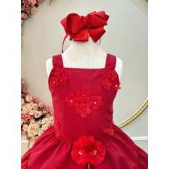 Vestido infantil de Alça Marsala C/ Apliques de Flores Luxo