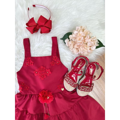 Vestido infantil de Alça Vermelho C/ Apliques de Flores Luxo