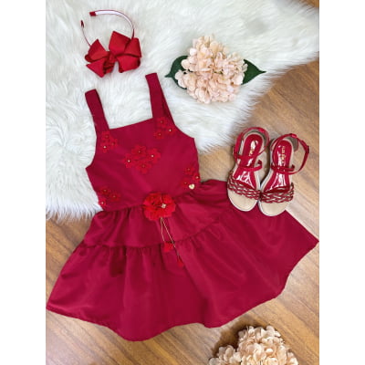 Vestido infantil de Alça Vermelho C/ Apliques de Flores Luxo