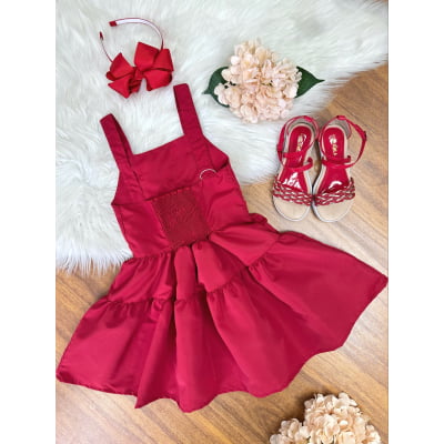 Vestido infantil de Alça Vermelho C/ Apliques de Flores Luxo