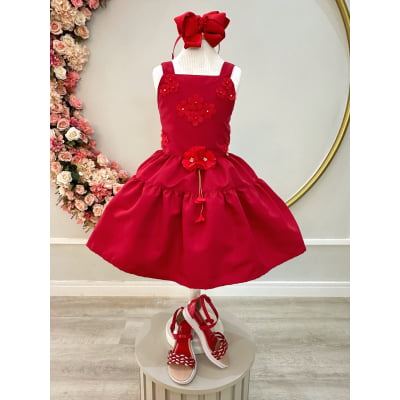 Vestido infantil de Alça Vermelho C/ Apliques de Flores Luxo