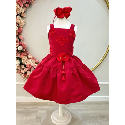 Vestido infantil de Alça Vermelho C/ Apliques de Flores Luxo