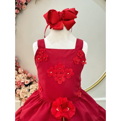 Vestido infantil de Alça Vermelho C/ Apliques de Flores Luxo