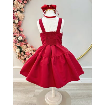 Vestido infantil de Alça Vermelho C/ Apliques de Flores Luxo