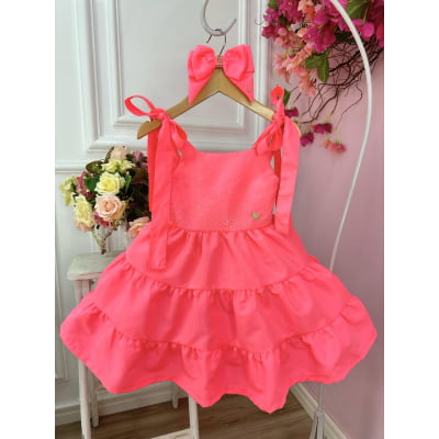 Vestido infantil Goiaba Neon C/ Strass no Busto e Laço Casual