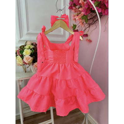 Vestido infantil Goiaba Neon C/ Strass no Busto e Laço Casual