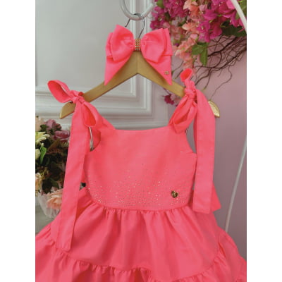Vestido infantil Goiaba Neon C/ Strass no Busto e Laço Casual