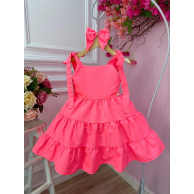 Vestido infantil Goiaba Neon Strass no Busto e Laço Damas