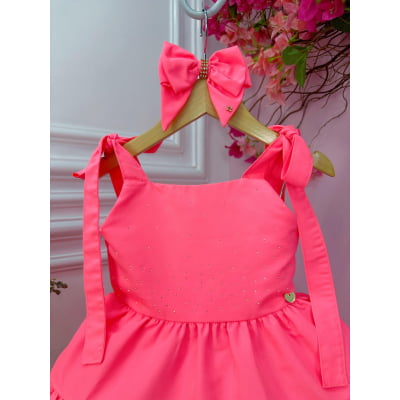 Vestido infantil Goiaba Neon Strass no Busto e Laço Damas