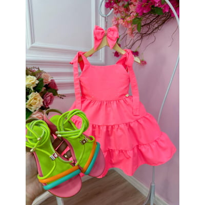 Vestido infantil Goiaba Neon Strass no Busto e Laço Damas