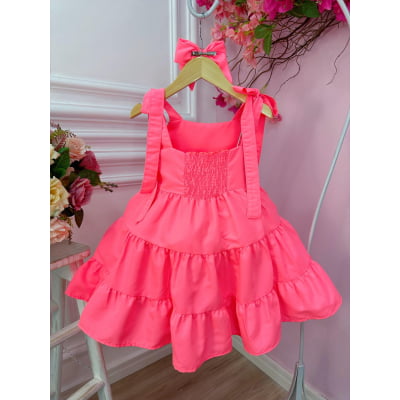 Vestido infantil Goiaba Neon Strass no Busto e Laço Damas