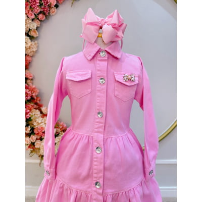 Vestido infantil Jeans Rosa Claro Com Bolsos Casual Luxo