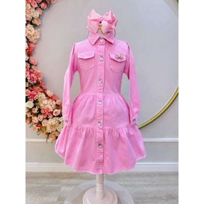 Vestido infantil Jeans Rosa Claro Com Bolsos Casual Luxo