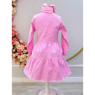 Vestido infantil Jeans Rosa Claro Com Bolsos Casual Luxo