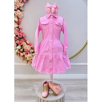 Vestido infantil Jeans Rosa Claro Com Bolsos Casual Luxo